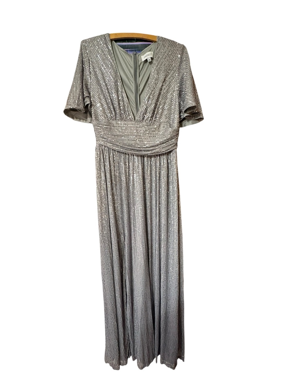 Faeriesty Silver Sequin Maxi Gown Flutter Sleeve Formal Dress L